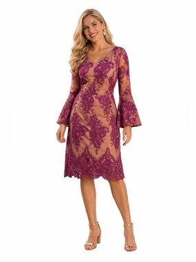 Midnight Velvet Berry Purple Tan Illusion Sheath Dinner Party Guest Church Dress